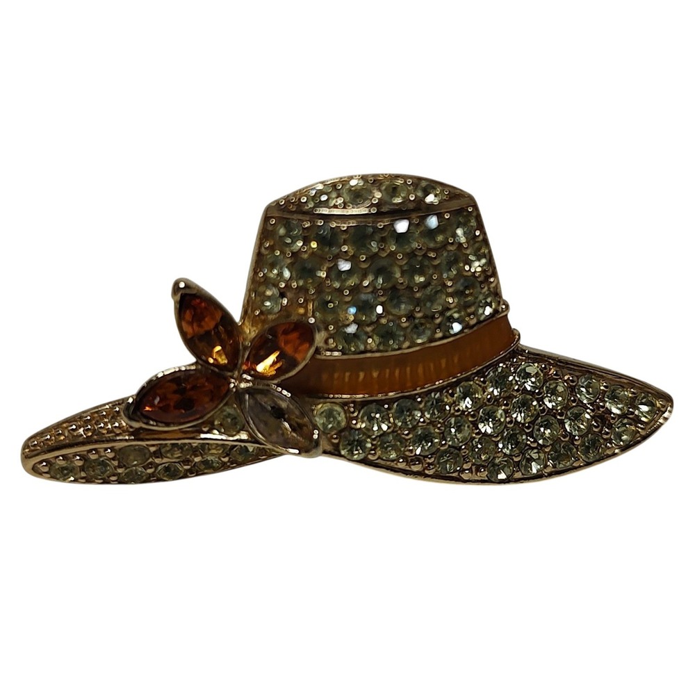 Monet Signed Brooch Pin Orange Pave Rhinestones Gold Tone Wide Brim Sun Hat SEE